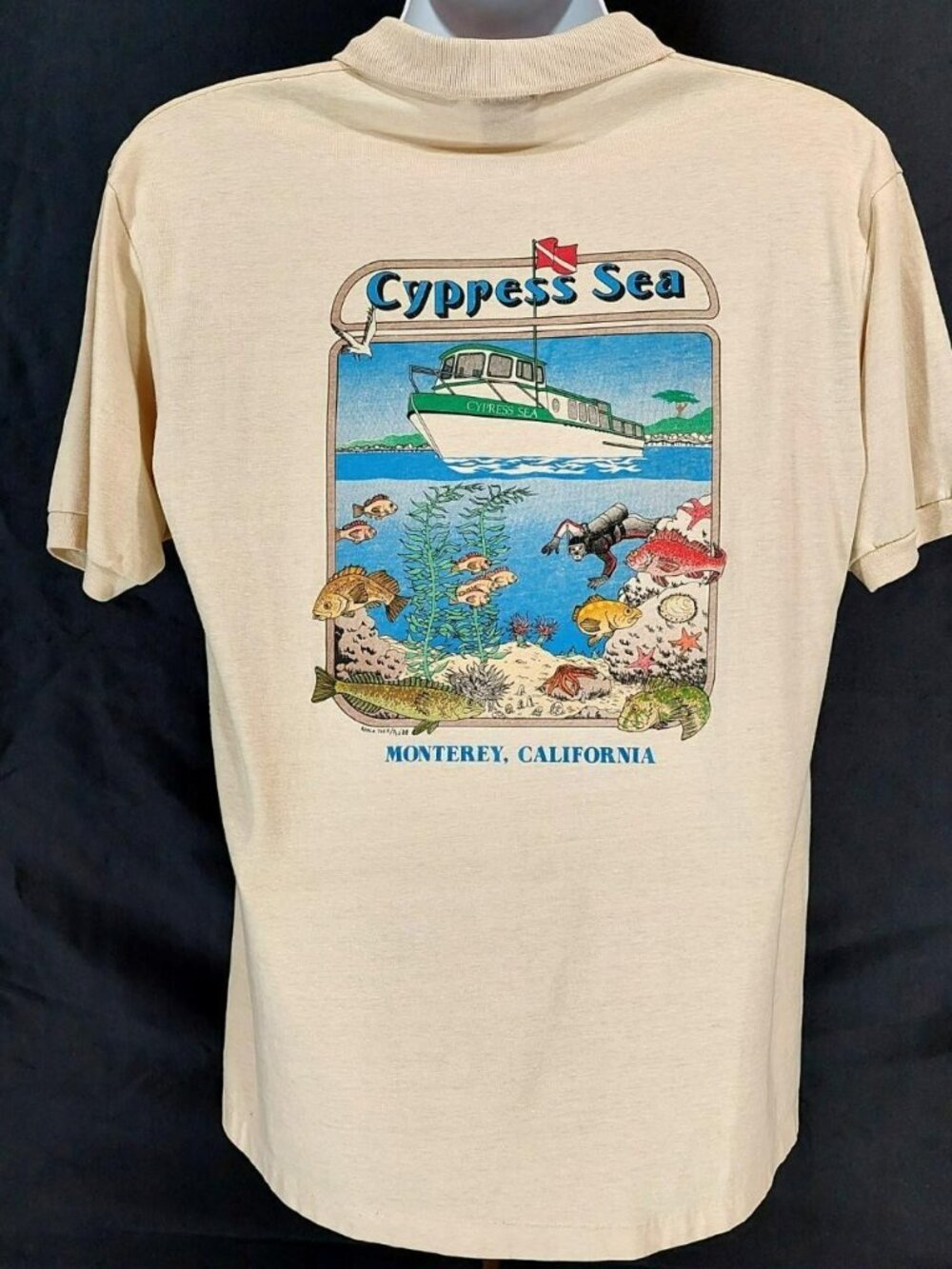 Men's Vintage 80s Monterey California Diving Tour Graphic Polo T-Shirt. Sz L.